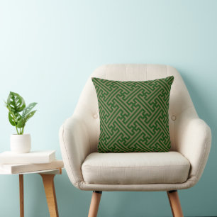 Sayagata pattern, Japanese, Green and Gold Throw Pillow