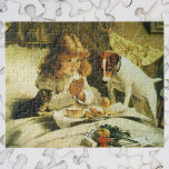 Saying Our Prayers, Suspense Charles Burton Barber Jigsaw Puzzle<br><div class="desc">Suspense (aka Saying Our Prayers) (1894) by Charles Burton Barber is a vintage Victorian Era fine art family portrait painting. A young child and her pets (a jack russell terrier dog and a cute tabby cat) saying grace in bed before eating breakfast. About the Artist: Charles Burton Barber (1845-1894) was...</div>