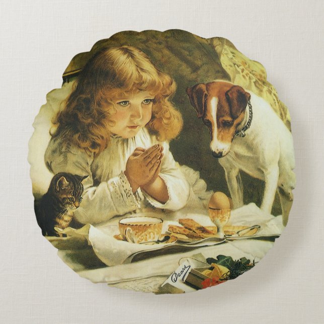 Saying Our Prayers, Suspense Charles Burton Barber Round Pillow (Front)