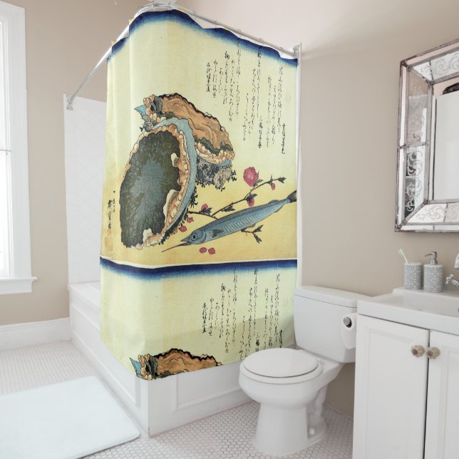 Sayori & Awabi (Halfbeak, Abalone) Hiroshige Fish Shower Curtain (In Situ)