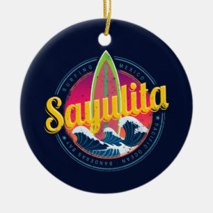 Sayulita Mexico Surfer Vintage Wave Sunset Bigwave Ceramic Ornament