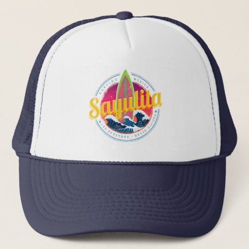 Sayulita Mexico Surfer Vintage Wave Sunset Bigwave Trucker Hat