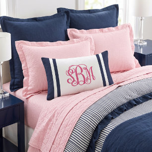 SBM Navy and Pink Preppy Stripe Script Monogram Lumbar Pillow