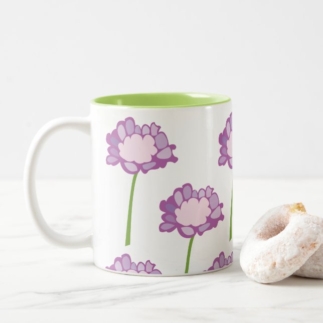 Scabiosa Purple Pincushion Flower Floral  Two-Tone Coffee Mug (With Donut)
