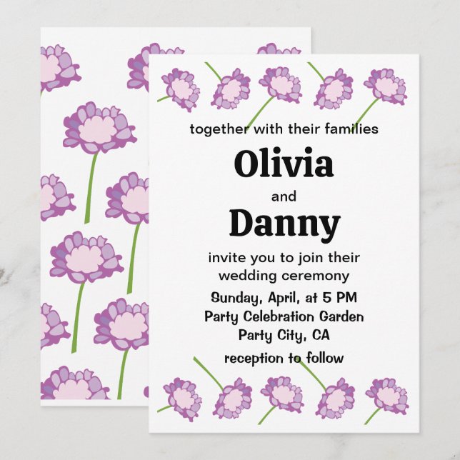 Scabiosa Purple Pincushion Flower Floral Wedding Invitation (Front/Back)