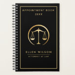 Scale Of Justice Attorney At Law Appointment Book Planner<br><div class="desc">Modern elegant attorney appointment book /planner features gold icon of scale of justice on a black background and name/ title on the front. Personalize with your details on the back.</div>