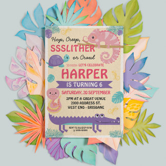 Scales and Tails Girl's Reptile Birthday Invitation