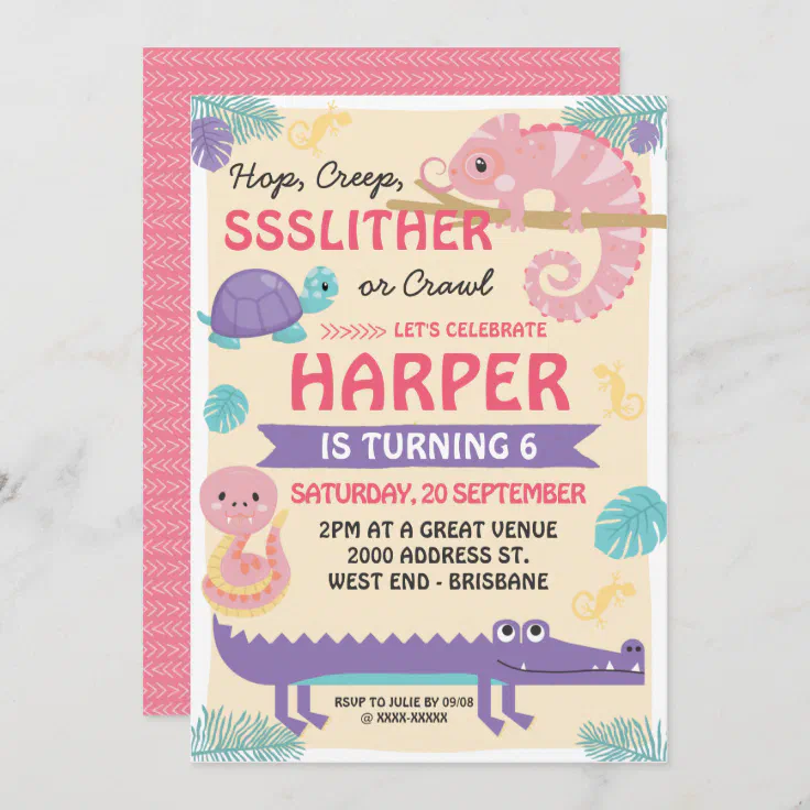 Scales and Tails Girl's Reptile Birthday Invitation Zazzle
