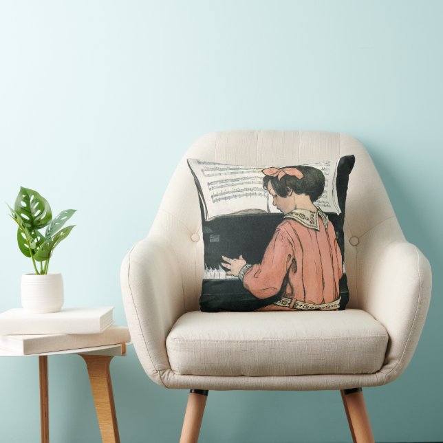 Scales by Jessie Willcox Smith, Piano Music Girl Throw Pillow (Chair)