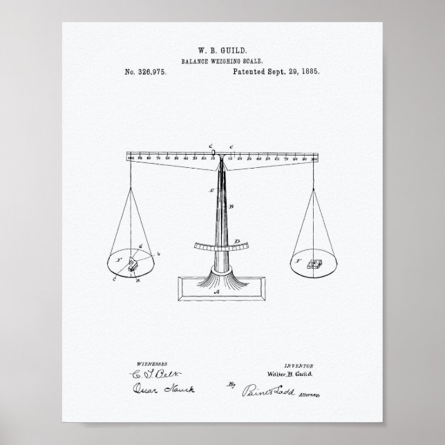 Scales of Justice 1885 Patent Art - White Paper Poster (Front)