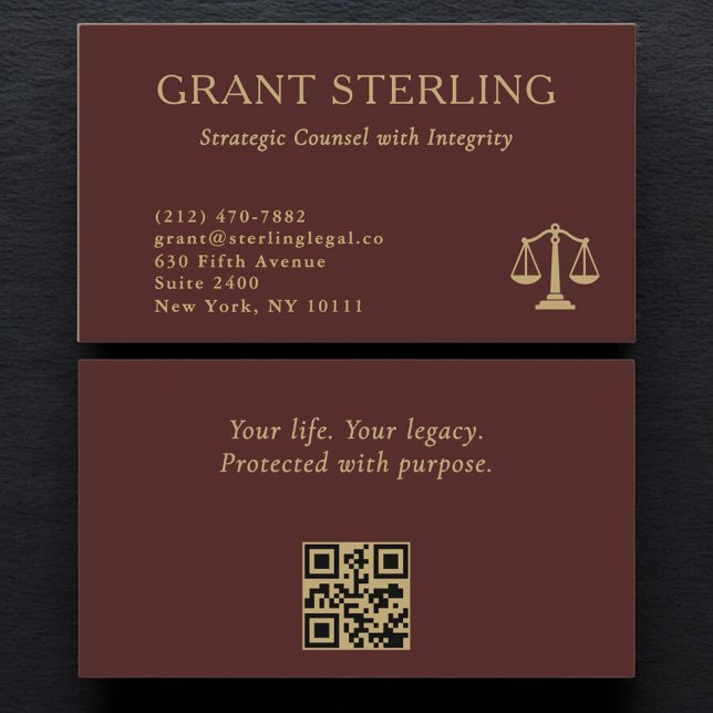 Scales of Justice Burgundy Gold Legal QR Code  Business Card (Creator Uploaded)
