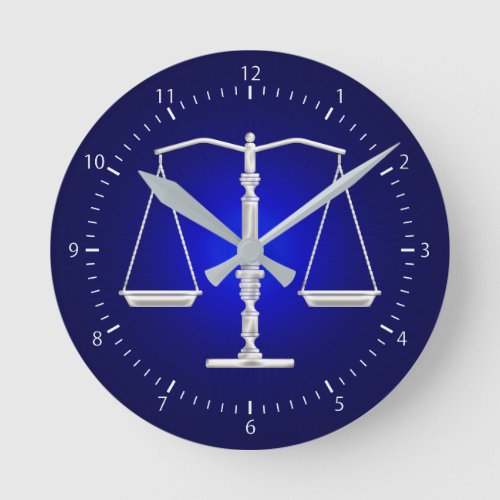 Scales of Justice  Deep Blue Round Clock