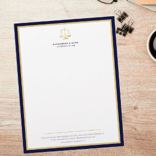 Scales of justice elegant attorney gold logo navy letterhead