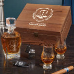Scales of Justice Gift Box with Glasses & Decanter<br><div class="desc">This decanter set comes with a handsome crystal decanter, two Glencairn glasses, a lighter, cigar cutter, and wooden gift box. The decanter, glasses, and box are all personalized with two custom lines of text of your choosing so that you can make it truly unique. The lawyer, attorney, or judge in...</div>