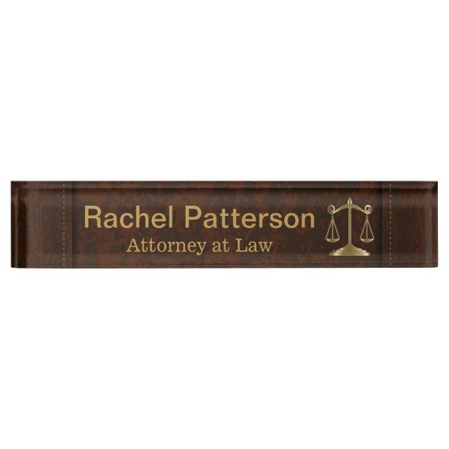 Scales of Justice | Lawyer | Rustic Brown Leather Desk Name Plate (Front)