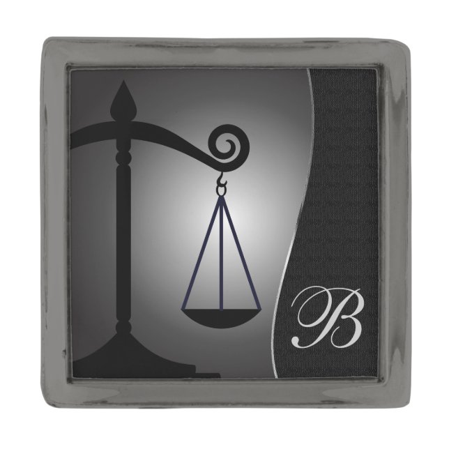 Scales of Justice | Monogram | Law Gunmetal Finish Lapel Pin (Front)