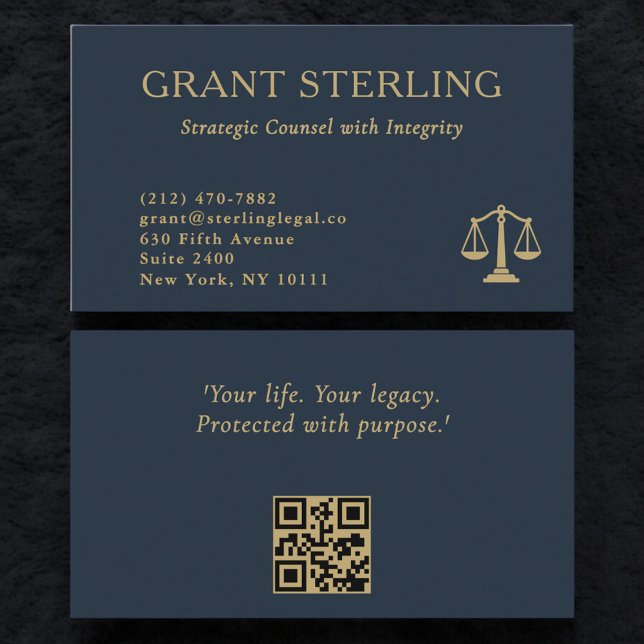 Scales of Justice Navy Blue Gold Legal QR Code  Business Card (Creator Uploaded)