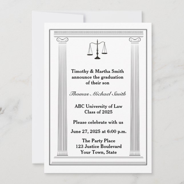 Scales of Justice, Roman Columns, Graduation Invitation (Front)