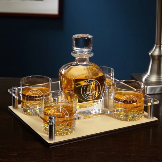Scales Of Justice Whiskey Glass Set With Decanter (Front)
