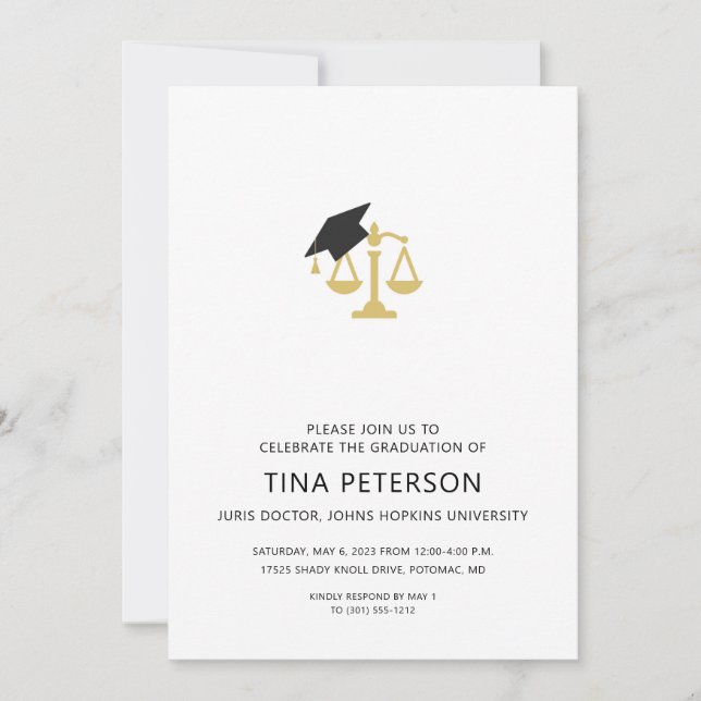 Scales of Justice With Cap Law School Graduation Invitation (Front)