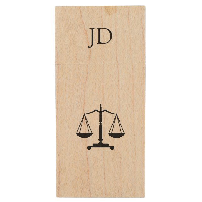 Scales of Justice with Initial Wood USB Flash Drive (Front Vertical)