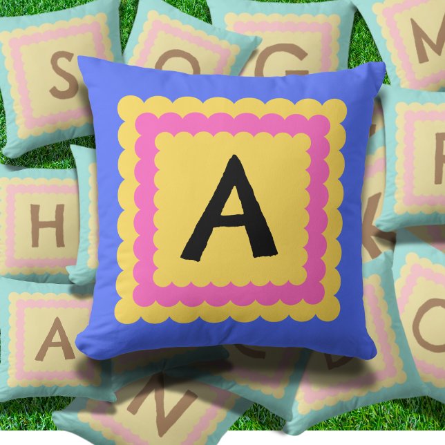 Scallop Alphabet Monogram Scalloped design bright Throw Pillow (Creator Uploaded)