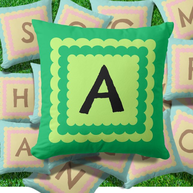 Scallop Alphabet Monogram Scalloped design green Throw Pillow (Creator Uploaded)