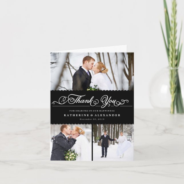 Scallop Band Romantic Script 3 Multi Photo Wedding Letterpress Thank You Card (Front)