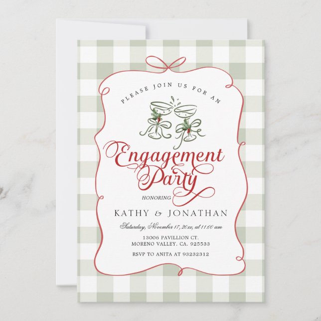 Scallop Edge Handdrawn Gingham Engagement Party Invitation (Front)