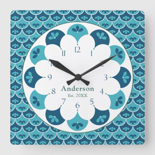 Scallop Floral Custom Colors Family Name Square Wall Clock