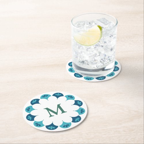 Scallop Floral Custom Colors Monogram Round Paper Coaster