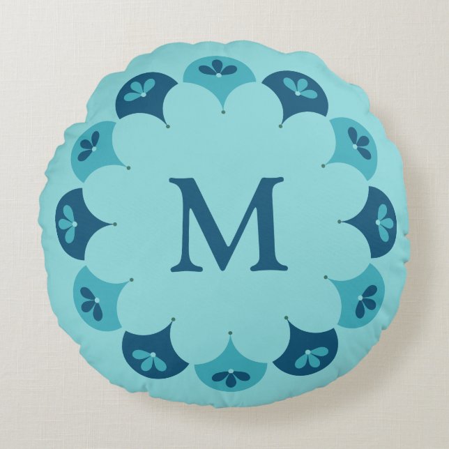 Scallop Floral Custom Colors Monogrammed Round Pillow (Front)