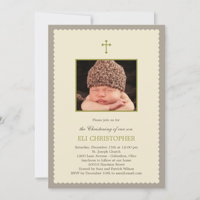 Scallop Frame Christening Invitation - Tan (Front)