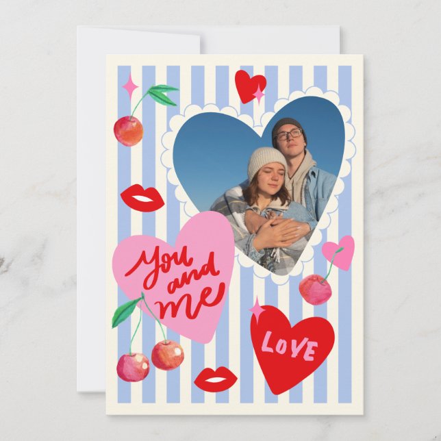 Scallop Photo Frame Hearts Cherries Initials Love Holiday Card (Front)