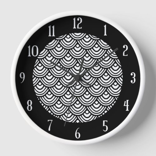 Scallop Scale Pattern Black and White Classy Wall Clock