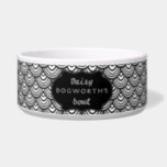 Scallop Scale Pattern Personalized Black and White Bowl<br><div class="desc">This modern, bold black-and-white scallop pattern dog or cat pet bowl has a curvy black banner where you can add your pet's name. The repeating scale, scalloped pattern motif has an elegant, classy mod look. Use the template fields to easily add your text or "Customize It" to adjust. All text...</div>