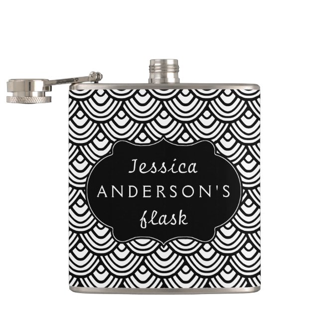 Scallop Scale Pattern Personalized Black and White Hip Flask (Opened)