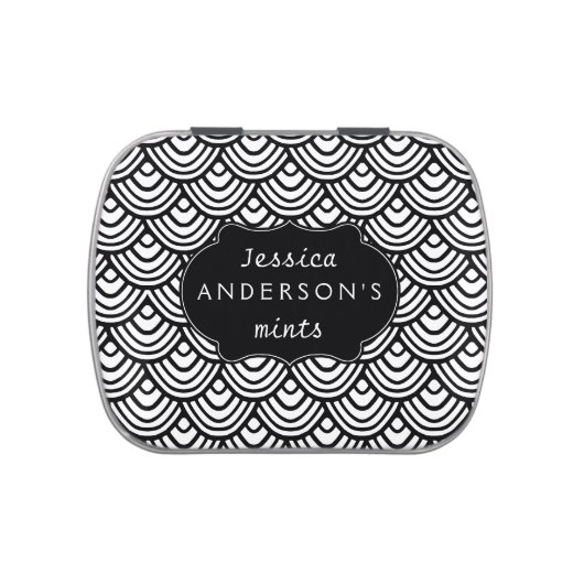 Scallop Scale Pattern Personalized Black and White Jelly Belly Tin (Top)