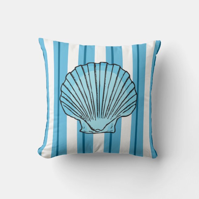 Scallop Seashell and Stripes in Ocean Colors Throw Pillow (Front)