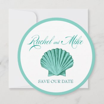 Scallop Seashell Beach Wedding | Aqua Save The Date by glamprettyweddings at Zazzle
