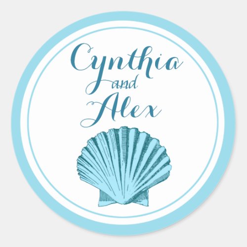 Scallop Seashell Beach Wedding  mint blue Classic Round Sticker