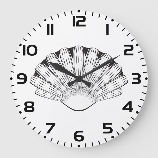 Scallop Seashell Minimalist Black and White Large Clock (Front)