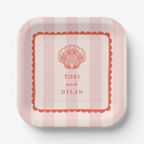 Scallop Seashell Pink Striped Tropical Wedding Paper Plates