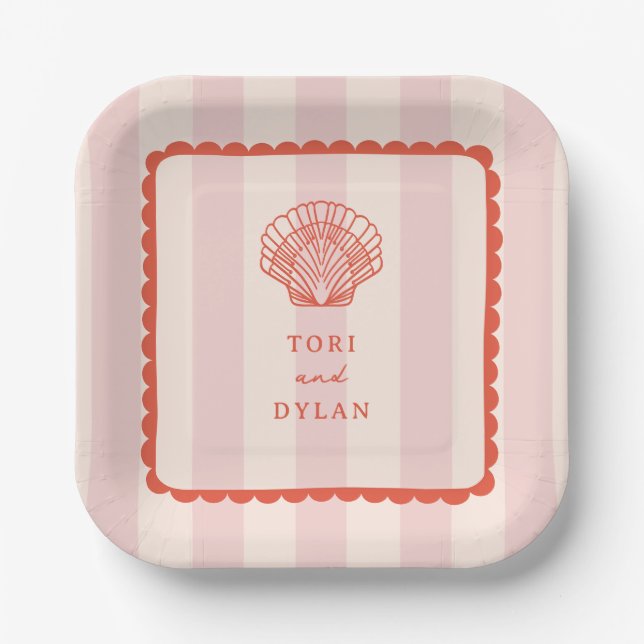 Scallop Seashell Pink Striped Tropical Wedding Paper Plates (Front)