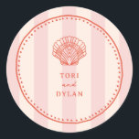 Scallop Seashell Pink Tropical Stripe Wedding Classic Round Sticker<br><div class="desc">Red line art scallop seashell illustration with red text and hand drawn border over light pink stripe background.</div>