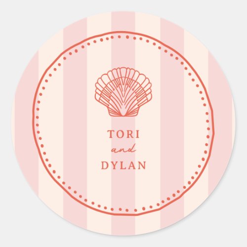 Scallop Seashell Pink Tropical Stripe Wedding Classic Round Sticker
