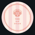 Scallop Seashell Pink Tropical Stripe Wedding Classic Round Sticker<br><div class="desc">Red line art scallop seashell illustration with red text and hand drawn border over light pink stripe background.</div>