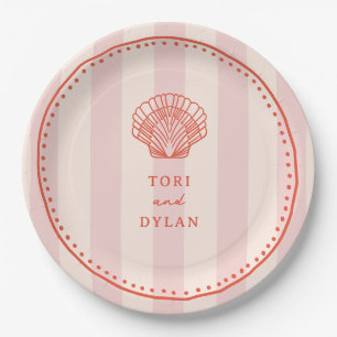 Scallop Seashell Pink Tropical Stripe Wedding Paper Plates
