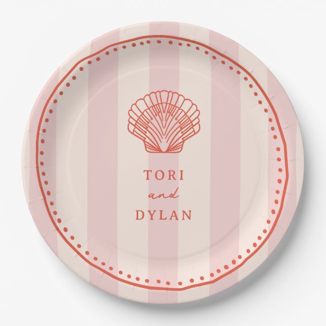 Scallop Seashell Pink Tropical Stripe Wedding Paper Plates (Front)