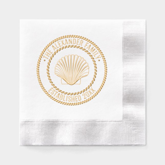 Scallop Shell #3 Family Name Date Estd Rope Frame Foil Napkins (Front)